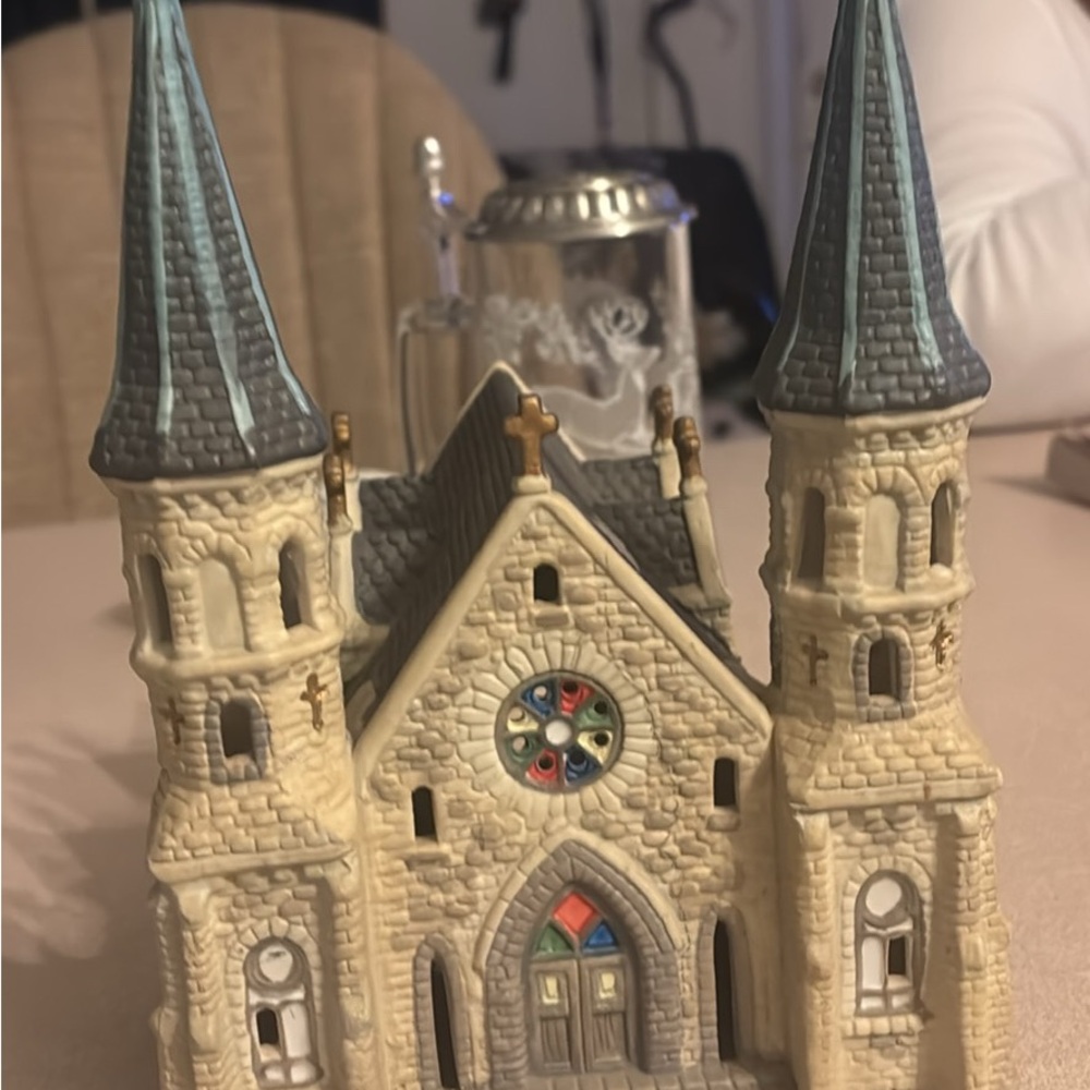 Decorative Ceramic Church Figurine in Cream and Blue